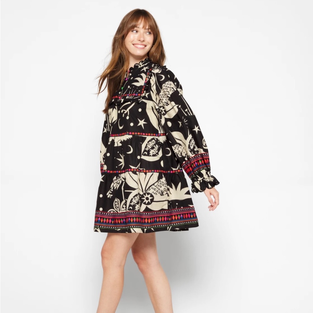 FARM Rio Black and Cream Long Sleeve Dress